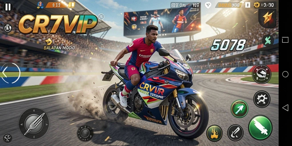 Tangkapan layar dari gameplay seru CR7VIP saat balapan motor.
