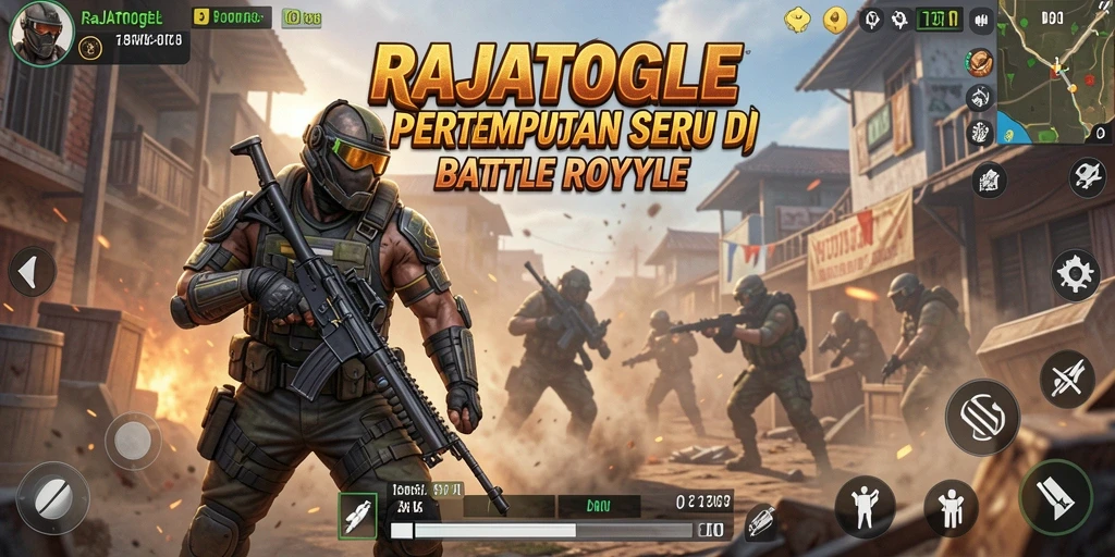 Screenshot utama RAJATOGEL menampilkan aksi pertempuran Battle Royale yang seru.